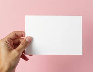 Female hand holding blank white postcard mockup on pink background. Paper card for design, presentation, business. Empty space for text, message. Minimalist template with copy space. Advertising