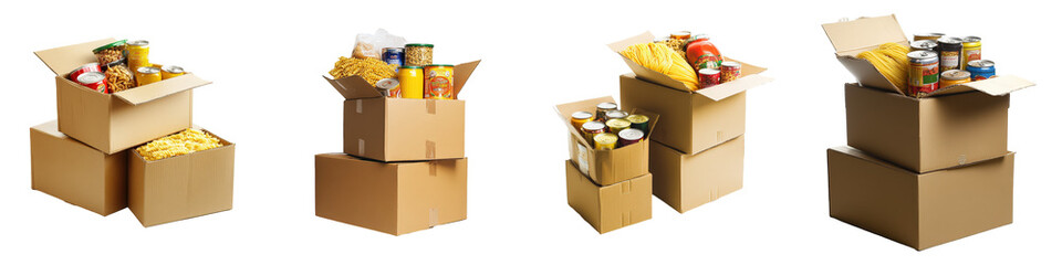 Cardboard boxes stacked, overflowing with canned goods and pasta. A food donation display.