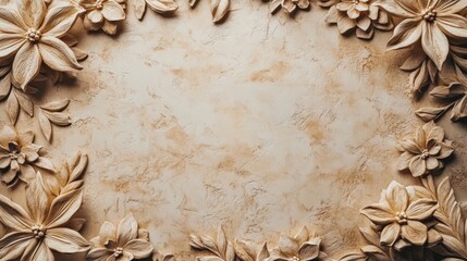 Beige colored background wall with color flowers on the sides. Free copy space banner.