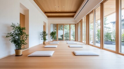 Obraz premium Serene Modern Japanese Interior Design with Natural Light and Minimalist Seating Arrangement for Relaxation