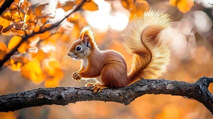 Obraz premium Red squirrel perched on a branch amidst autumn leaves.