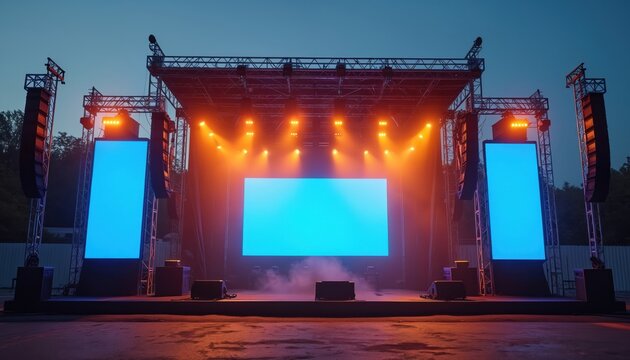 Modern stage with rigging for concert performance. Beam lights, sound system, large blue screen mockup. Metal construction, event hall, professional music show, led lighting, show setup.