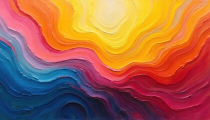 Fototapeta premium Abstract oil painting with vibrant colorful swirls. Brushstrokes of yellow, orange, red, pink, blue blend creating dynamic texture. Hand-made artwork on canvas. Modern art design for creative