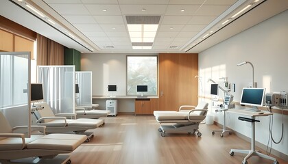 Modern Medical Treatment Room with Patient Beds and Healthcare Equipment