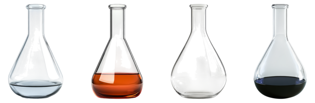 Four Laboratory Flasks with Different Liquids and Textures, Isolated on Transparent Background