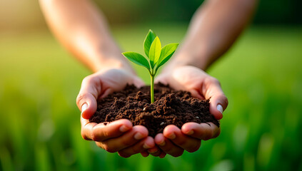 A close-up of hands holding rich, fertile soil with a tiny sprouting plant, symbolizing new beginnings and environmental responsibility