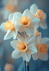 Fototapeta premium Soft White Daffodils with Orange Centers Set Against a Blurred Blue Background 