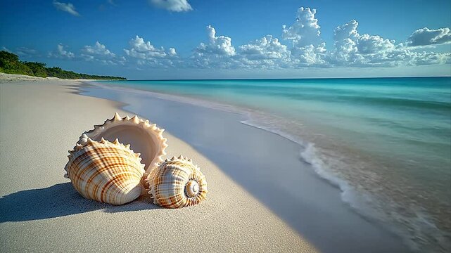 Beautiful beach scene with seashells on the shore under a blue sky