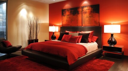 A bold bedroom in fiery red, with contemporary accents, artistic wall decor, and a plush bed.