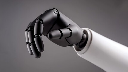 Close-up of robotic arm; white forearm blends into the black fingers and gray background