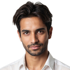 Obraz premium An engaging portrait of a South Asian man exuding charm and mischief bathed in natural light against a clean white backdrop