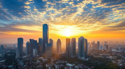Obraz premium A breathtaking cityscape featuring modern office buildings at sunrise.