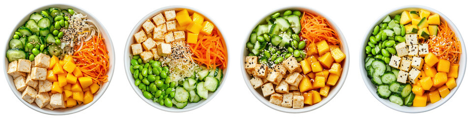 Vibrant veggie bowls with tofu, edamame, mango, cucumber, carrots, and sesame seeds.