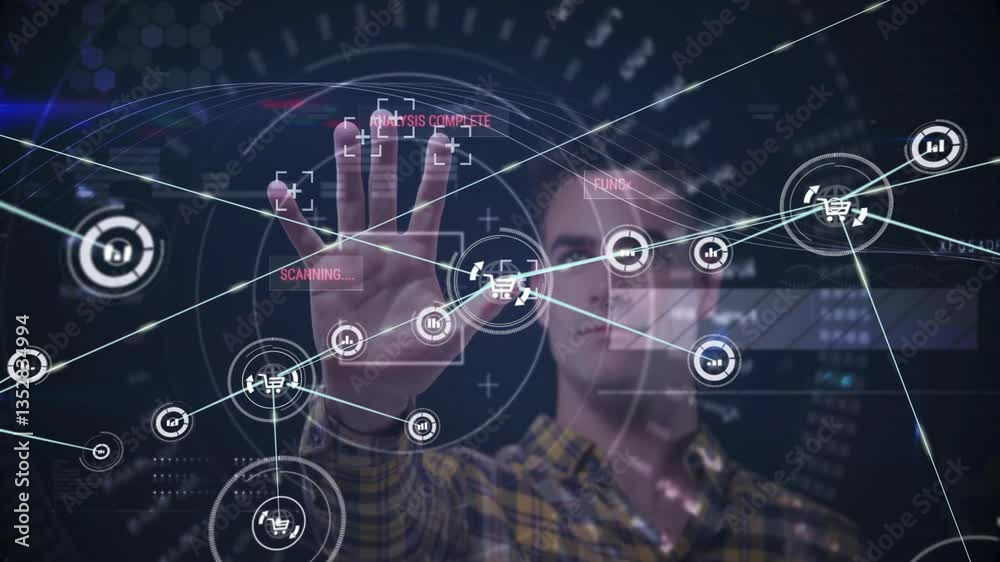 Poster interacting with futuristic animation, man exploring digital interface with network data