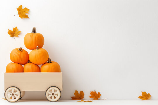 Pumpkins stacked in wooden cart with autumn leaves surrounding. Bright orange color contrasts against clean white background. Concept of harvest, fall decorations, seasonal celebrations