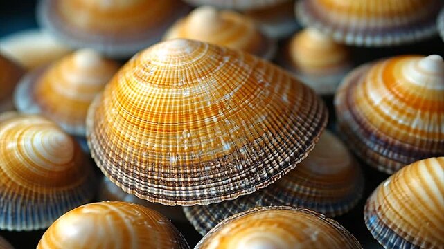 Close-up of beautifully patterned seashells stacked together on a beach