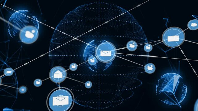 Animation of email icons connecting over glowing globe in digital network