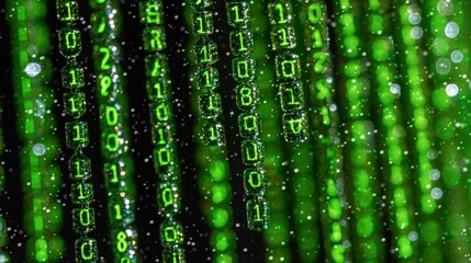 Digital curtain of green binary code cascading downwards in a dark space