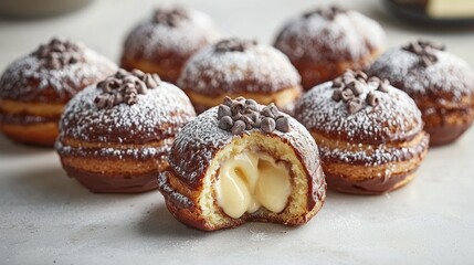 Donuts with chocolate chips and custard, sprinkled with powdered sugar