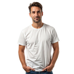 Obraz premium Confident white man with hands in pockets smiling softly at the camera against a white backdrop