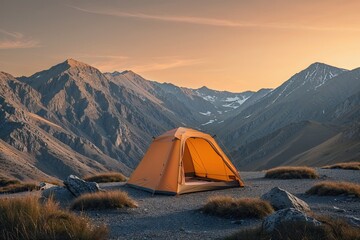 Gray Mountains Against a Soft Orange Sky - Adventurous Outdoor Camping Design and Nature Scenery