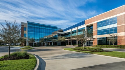 A contemporary business park featuring a mix of office buildings and green spaces.