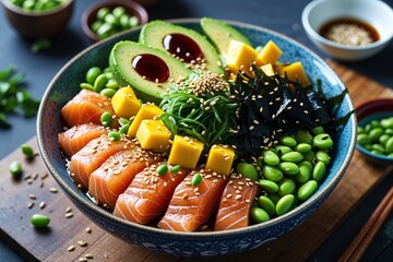 A vibrant salmon poke bowl overflowing with fresh avocado, mango, edamame, and seaweed, a...
