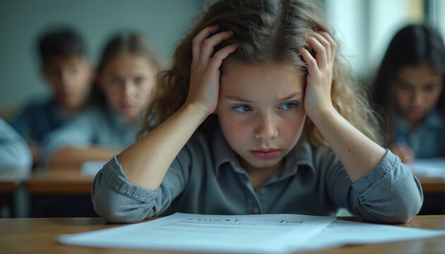 Stressed student in classroom with bad exam result. Girl child overwhelmed, anxious about school test. Academic pressure causes frustration. Pupil struggles with education.
