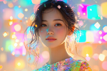 Fototapeta premium A digital painting of a young woman with dark hair, wearing a colorful, iridescent outfit, surrounded by vibrant bokeh lights.