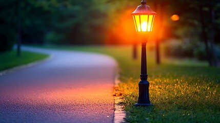 Warm Evening Lamp Post Path Illumination