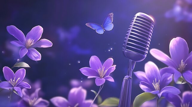 Microphone sings in purple floral garden for podcast