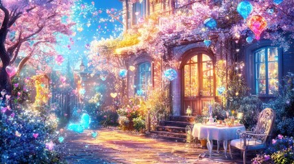 Magical garden house with floating hearts at night