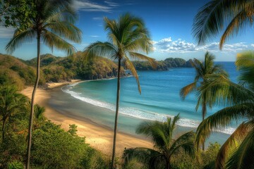 Obraz premium A breathtaking tropical paradise with golden sunlight and swaying palm trees on a pristine sandy beach