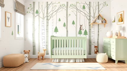 A cozy forest-themed nursery with a pastel green crib, tree decals, and woodland animal decor, 3D rendering, Gentle and playful