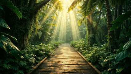 A road in the jungle, lush green, illuminated by sunlight