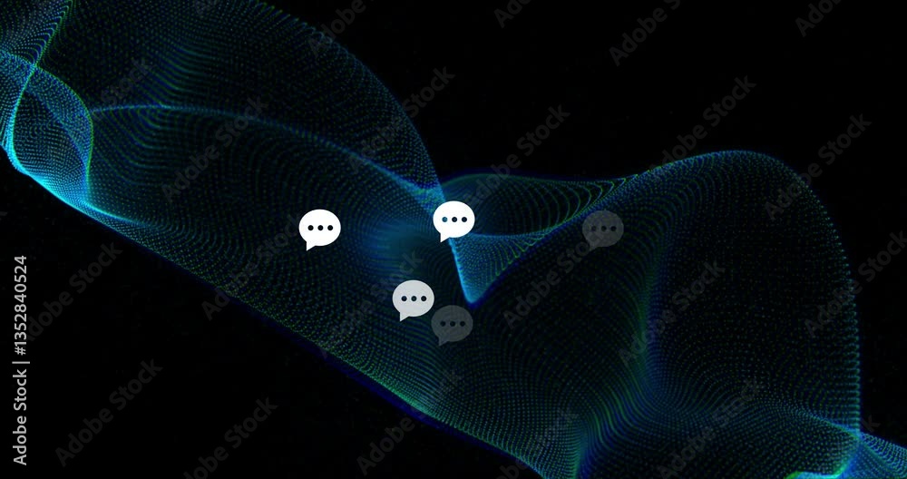 Poster floating chat bubbles over digital wave pattern with animation on black background