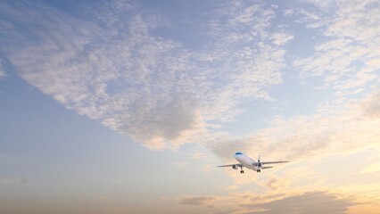 Airplane flies in sky at sunset day. Travel. Airplane takes off against the background of sunset. 3840x2160 ULTRA HD.	
