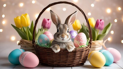 A charming Easter bunny sits inside a woven basket, surrounded by decorated eggs, vibrant tulips, and glowing fairy lights, creating a warm and festive holiday ambiance