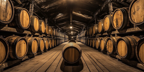 Stare drewniane beczki z whiskey w magazynie