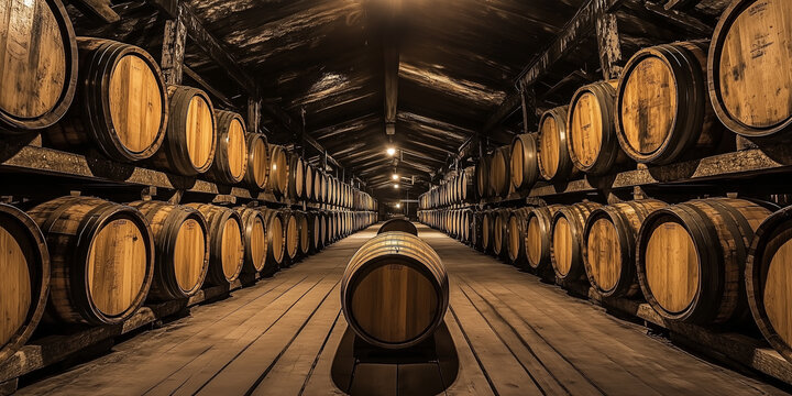 Stare drewniane beczki z whiskey w magazynie