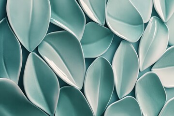 A modern wall design with teal leaf-shaped tiles in an overlapping pattern for a nature-inspired aesthetic