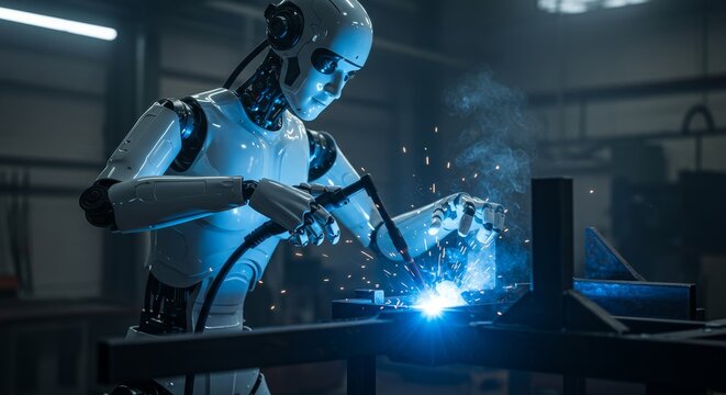 Advanced Robotic Welding Technology - A futuristic robot expertly welds metal, showcasing advanced automation in industrial manufacturing