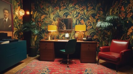 A modern office with vibrant wallpaper and stylish furniture pieces creating a unique vibe.
