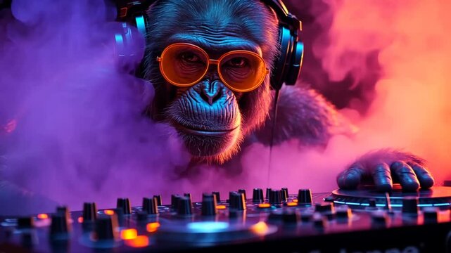 Monkey DJ mixes music in smoky nightclub