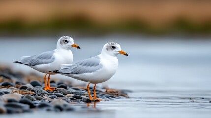 Obraz premium Two Seagulls Standing on Pebbled Shoreline Near Calm Water in Soft Golden Light of Dawn