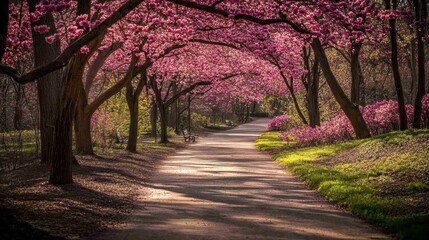 A park during springtime, where flowers bloom and the sun casts soft shadows on the walking trails.