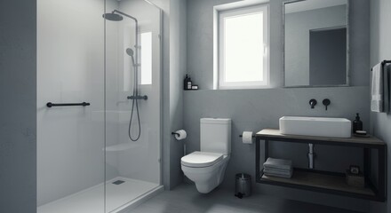 Modern Minimalist Bathroom Design - Sleek, contemporary bathroom with a walk-in shower, toilet, and vanity unit. Neutral color palette and minimalist