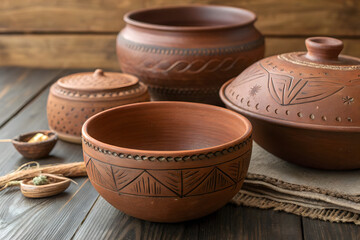 Rustic Terracotta Treasures: A Curated Collection of Handcrafted Clay Pottery with Intricate Designs and Herbal Accents