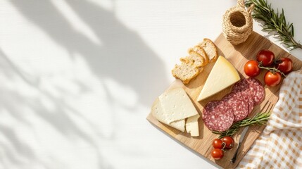 A beautifully styled picnic grazing board featuring a wooden cutting board with cheese meat tomatoes and a variety of delicious snacks and fruits