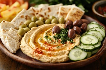 Vibrant hummus platter with pita, olives, and fresh vegetables Generative AI